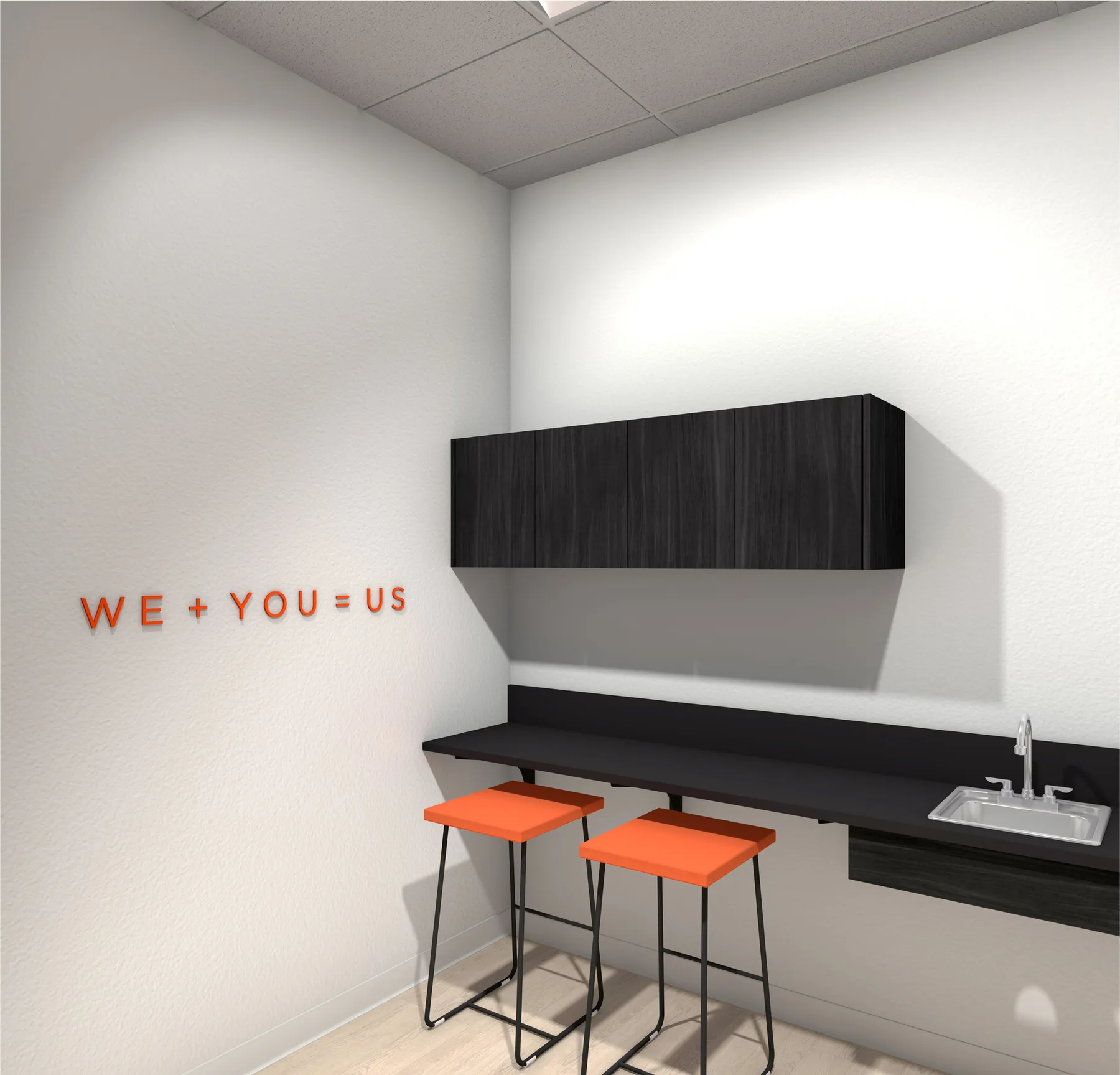 Design rendering of the Frankie staff break room with the We + You = Us wall