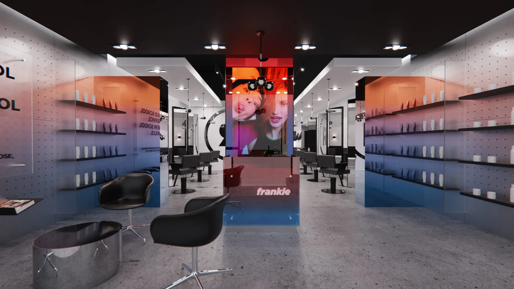 Design rendering of a Frankie salon interior with orange and blue lighting